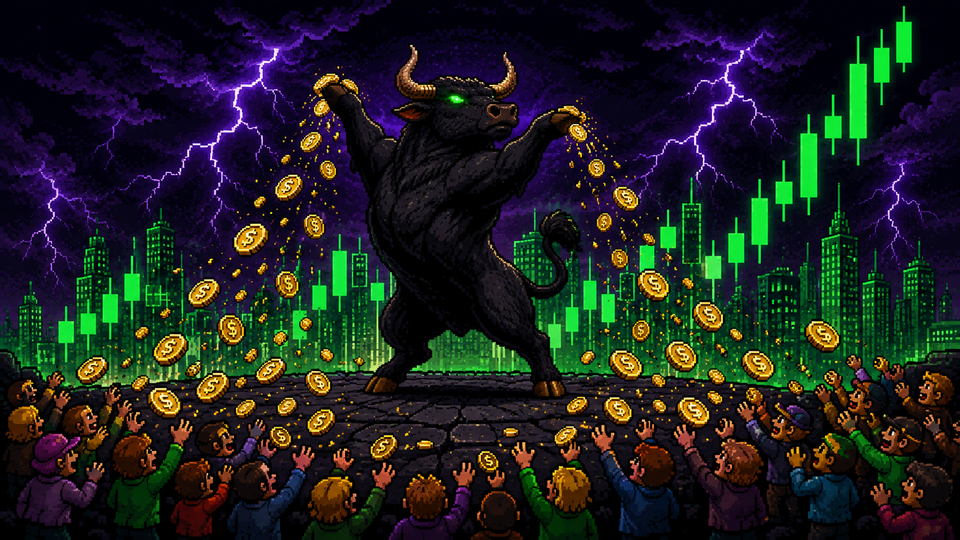 Pixel-art panel: the black bull showers the cheering herd with gold coins in front of green charts